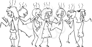 Vector cartoon stick figure drawing conceptual illustration of group of addicted zombies or dead people walking on the street and using mobile phones or cell phones.
