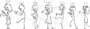 Vector cartoon stick figure drawing conceptual illustration of set of addicted zombies or dead people walking on the street and using mobile phones or cell phones.
