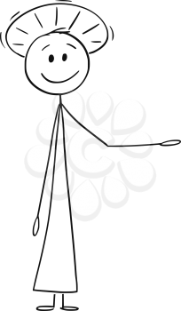 Cartoon stick figure drawing conceptual illustration of holy man or priest with halo around head is offering, showing or pointing at something.