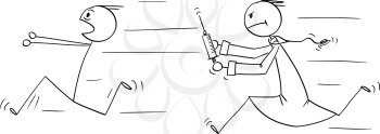 Cartoon stick figure drawing conceptual illustration of man running in panic chased by doctor with injection syringe. Concept of healthcare and vaccination.