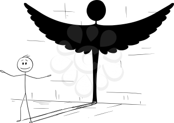 Cartoon stick figure drawing conceptual illustration of good man or person casting shadow in shape of angel. Metaphor or true personality hidden inside.