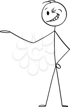 Cartoon stick figure drawing conceptual illustration of smiling and winking man or businessman pointing his hand and offering or showing something.