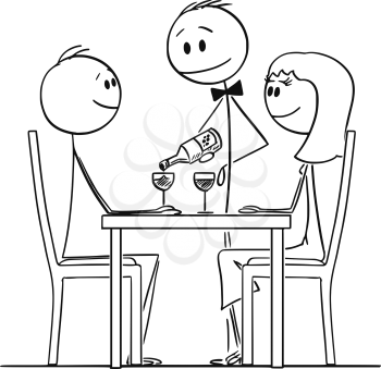 Cartoon stick figure drawing conceptual illustration of loving couple of man and woman sitting behind table in restaurant and watching waiter pouring wine in glasses.