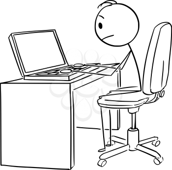Vector cartoon stick figure drawing conceptual illustration of man or businessman working or typing on portable computer or laptop.