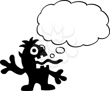Cartoon drawing conceptual illustration of crazy flat black monster with empty text bubble or speech balloon ready for your text.