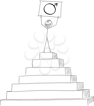 Vector cartoon stick figure drawing conceptual illustration of successful man celebrating success on the peak of the pyramid with male gender or sex symbol in hands.