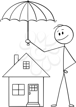 Vector cartoon stick figure drawing conceptual illustration of man, businessman or insurance agent holding umbrella protecting family house.