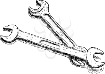 Vector artistic pen and ink drawing illustration of two wrenches or spanners.