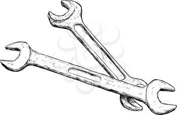Vector artistic pen and ink drawing illustration of two wrenches or spanners isolated on white background.