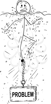 Cartoon stick drawing conceptual illustration of man or businessman drowning with block of stone or concrete weight with problem text chained to his leg.