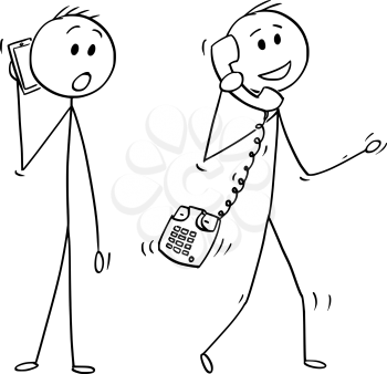 Cartoon stick drawing conceptual illustration of walking man or businessman making phone call with old table phone instead of mobile cell phone. Another man with smartphone is looking at him unbelievingly.