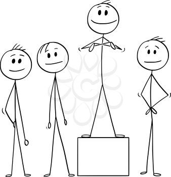 Cartoon stick man drawing conceptual illustration of team of businessmen and the team leader. Concept of teamwork and leadership.