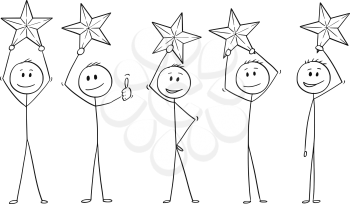 Cartoon stick drawing conceptual illustration of five men or businessmen, each of them is holding star above his head.