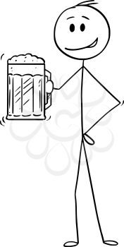 Cartoon stick drawing conceptual illustration of man holding half-litre or half-liter or pint or mug of beer.