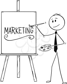 Cartoon stick man drawing conceptual illustration of businessman artist holding brush and palette and writing word marketing on canvas.