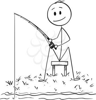 Cartoon stick drawing conceptual illustration of man or fisherman sitting  on the shore of lake or river and fishing patiently. #2677245