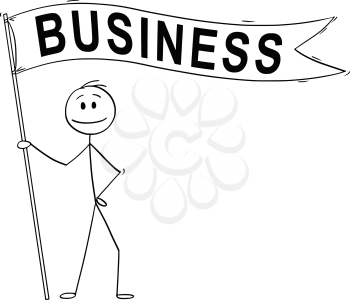 Cartoon stick drawing conceptual illustration of man or businessman holding long flag or banner with business text.