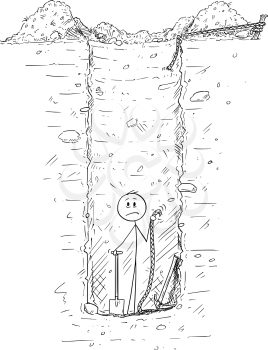 Cartoon stick drawing conceptual illustration of man trapped alone down on the bottom of deep and huge hole in the ground he dig, most likely as water well.The rope connecting with ground level is broken.