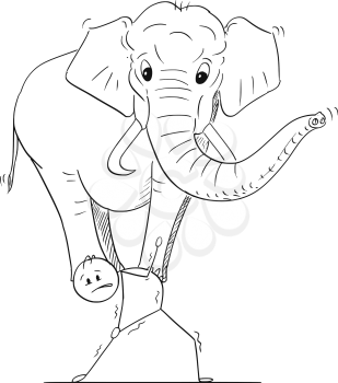 Cartoon stick drawing conceptual illustration of man or businessman carrying elephant on his back. Business concept of effort and challenge.