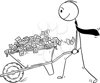Cartoon stick drawing conceptual illustration of man or businessman or politician pushing wheelbarrow full of money or cash or banknotes.