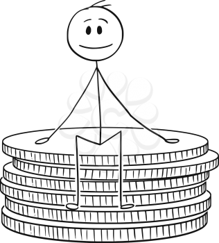 Cartoon stick drawing conceptual illustration of man or businessman sitting on small stack of coins.Business concept of wealth, savings and finance.