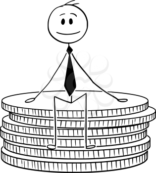 Cartoon stick drawing conceptual illustration of businessman sitting on small stack of coins.Business concept of wealth, savings and finance.