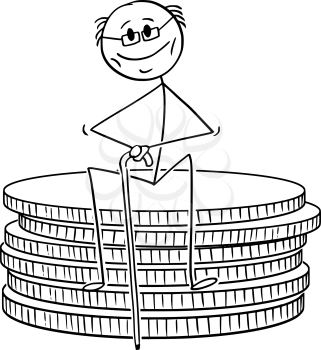 Cartoon stick drawing conceptual illustration of old retired pensioner or retiree man sitting on small stack of coins. Concept of savings and retirement.