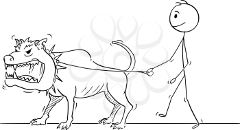 Cartoon stick drawing conceptual illustration of man walking with big or giant dangerous monster beast dog on a leash.