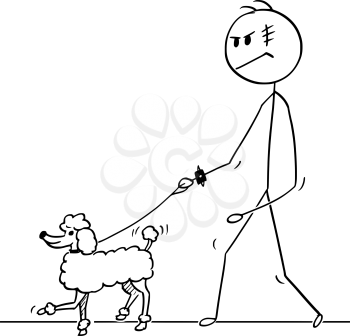 Cartoon stick drawing conceptual illustration of tough man or guy walking with poodle dog on a leash.