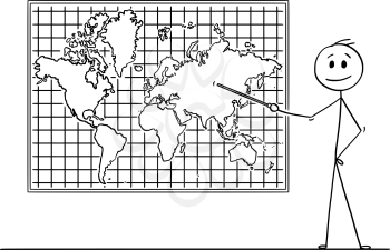Cartoon stick drawing conceptual illustration of man using pointer and pointing at Asia continent on big wall world map.