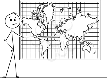 Cartoon stick drawing conceptual illustration of man using pointer and pointing at Africa continent on big wall world map.