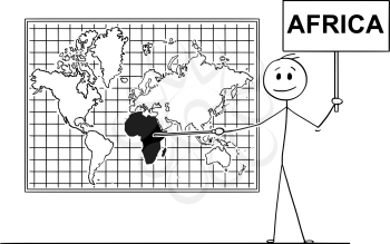 Cartoon stick drawing conceptual illustration of man holding a sign and using pointer and pointing at Africa continent on big wall world map.