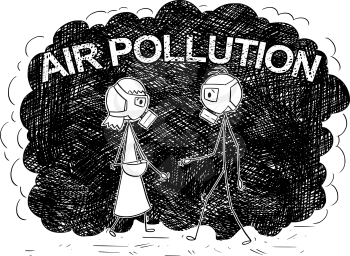 Cartoon stick drawing conceptual illustration of pedestrian man and woman with or wearing a gas mask and walking in smog or polluted air. Air pollution text is behind them. Concept of air quality or pollution in cities.
