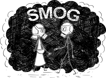 Cartoon stick drawing conceptual illustration of pedestrian man and woman with or wearing a gas mask and walking in polluted air. Smog text is behind them. Concept of air quality or pollution in cities.