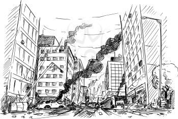 Pen and ink sketchy hand drawing of modern city street destroyed by war, riot or disaster.