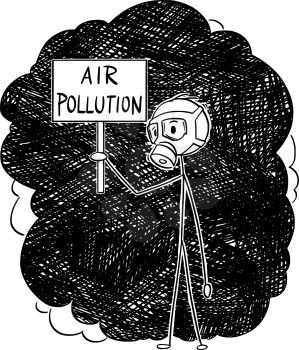 Cartoon stick drawing conceptual illustration of man with or wearing a gas mask and standing in smog and holding air pollution sign.