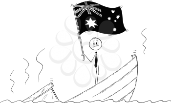 Cartoon stick drawing conceptual illustration of politician standing depressed on sinking boat waving flag of Commonwealth of Australia.