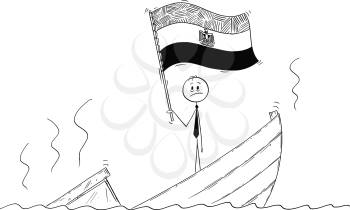 Cartoon stick drawing conceptual illustration of politician standing depressed on sinking boat waving the flag of Arab Republic of Egypt.