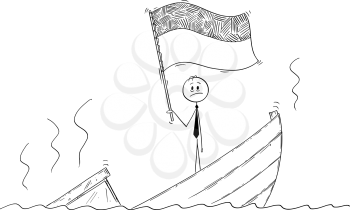 Cartoon stick drawing conceptual illustration of politician standing depressed on sinking boat waving the flag of Republic of Indonesia or Ukraine.