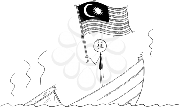 Cartoon stick drawing conceptual illustration of politician standing depressed on sinking boat waving the flag of Malaysia.