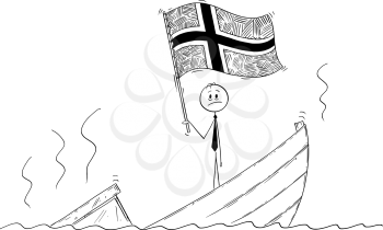 Cartoon stick drawing conceptual illustration of politician standing depressed on sinking boat waving the flag of Kingdom of Norway.