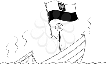 Cartoon stick drawing conceptual illustration of politician standing depressed on sinking boat waving the flag of Republic of Poland.