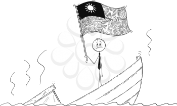 Cartoon stick drawing conceptual illustration of politician standing depressed on sinking boat waving the flag of Republic of China or Taiwan.