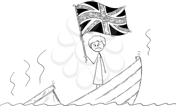 Cartoon stick drawing conceptual illustration of female or woman politician or prime minister standing depressed on sinking boat waving the flag of United Kingdom of Great Britain and Northern Ireland or UK.