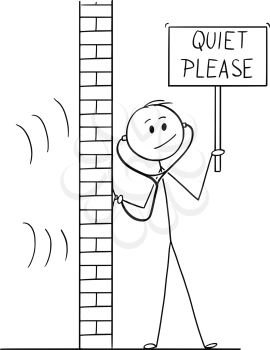 Cartoon stick drawing conceptual illustration of man using stethoscope or phonendoscope to hear and spy what happens behind wall and holding quiet please sign.