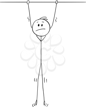 Cartoon stick drawing conceptual illustration of unhappy man hanging high.