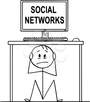 Cartoon stick drawing conceptual illustration of stressed man or businessman sitting hidden under office desk with social networks text on the screen.