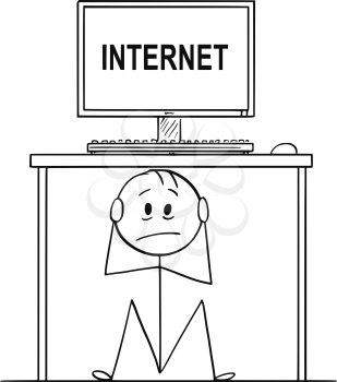 Cartoon stick drawing conceptual illustration of stressed man or businessman sitting hidden under office desk with internet text on the screen.