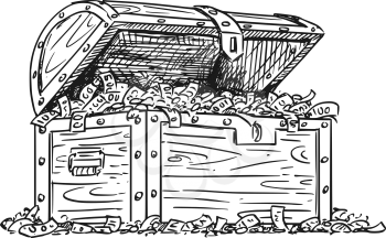 Cartoon Drawing Illustration of wooden treasure chest full of banknotes, coins, money or cash.