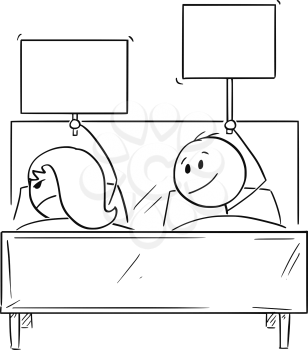 Cartoon stick drawing conceptual illustration of couple in bed, man offering something, probably sexual intercourse, woman is rejecting and wants to sleep. Both are holding empty signs for your text.